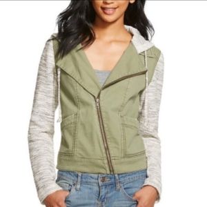 Olive green asymmetric knit hooded zip jacket